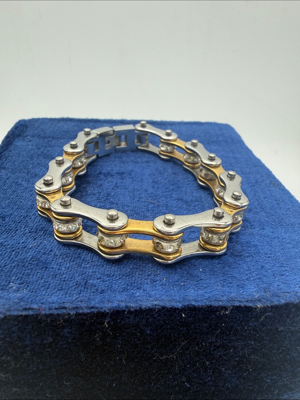 Women stainless steel Two Tone Rhinestone Chain Link gold/Silver biker bracelet